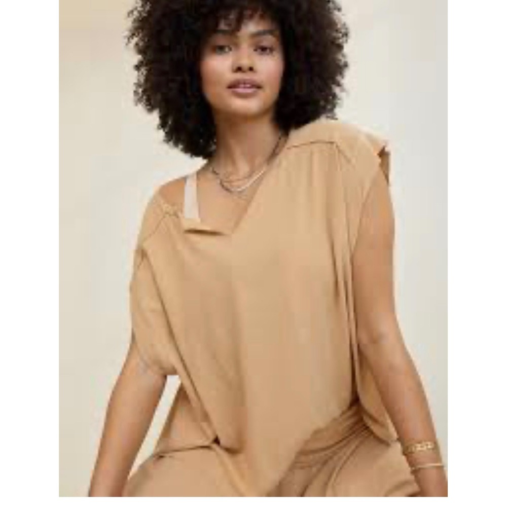 Aerie Summer Breeze Notch Neck T-Shirt Womens XL Tan Cotton Relaxed Slouchy